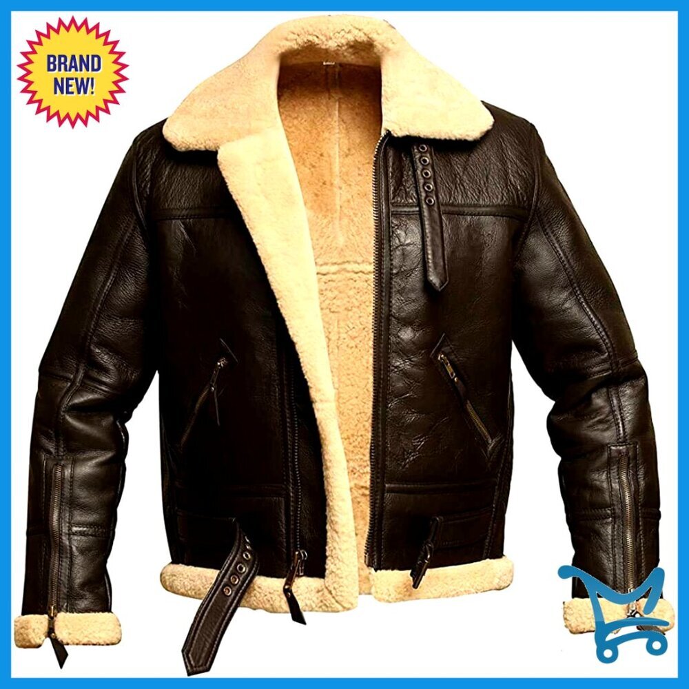 Men's RAF Aviator Bomber Shearling Leather Jacket, Real Sheepskin, Winter
